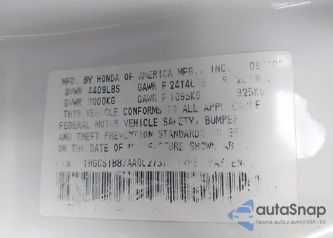 2010 Honda Accord 2.4 Ex-L из США, поврежденный, VIN 1HGCS1B87AA002731